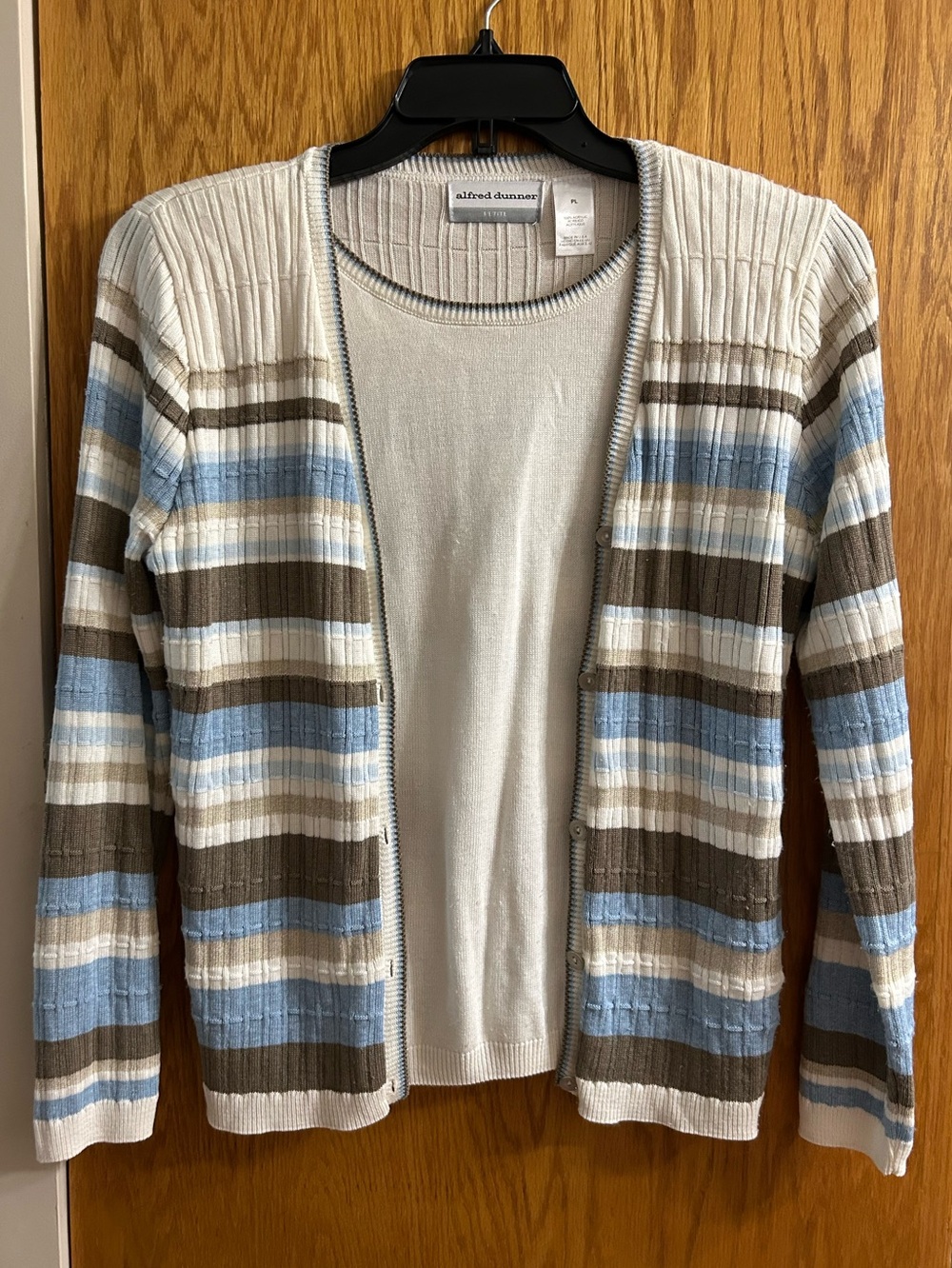 Alfred Dunner Cream, Light Blue & Brown Striped Cardigan Set